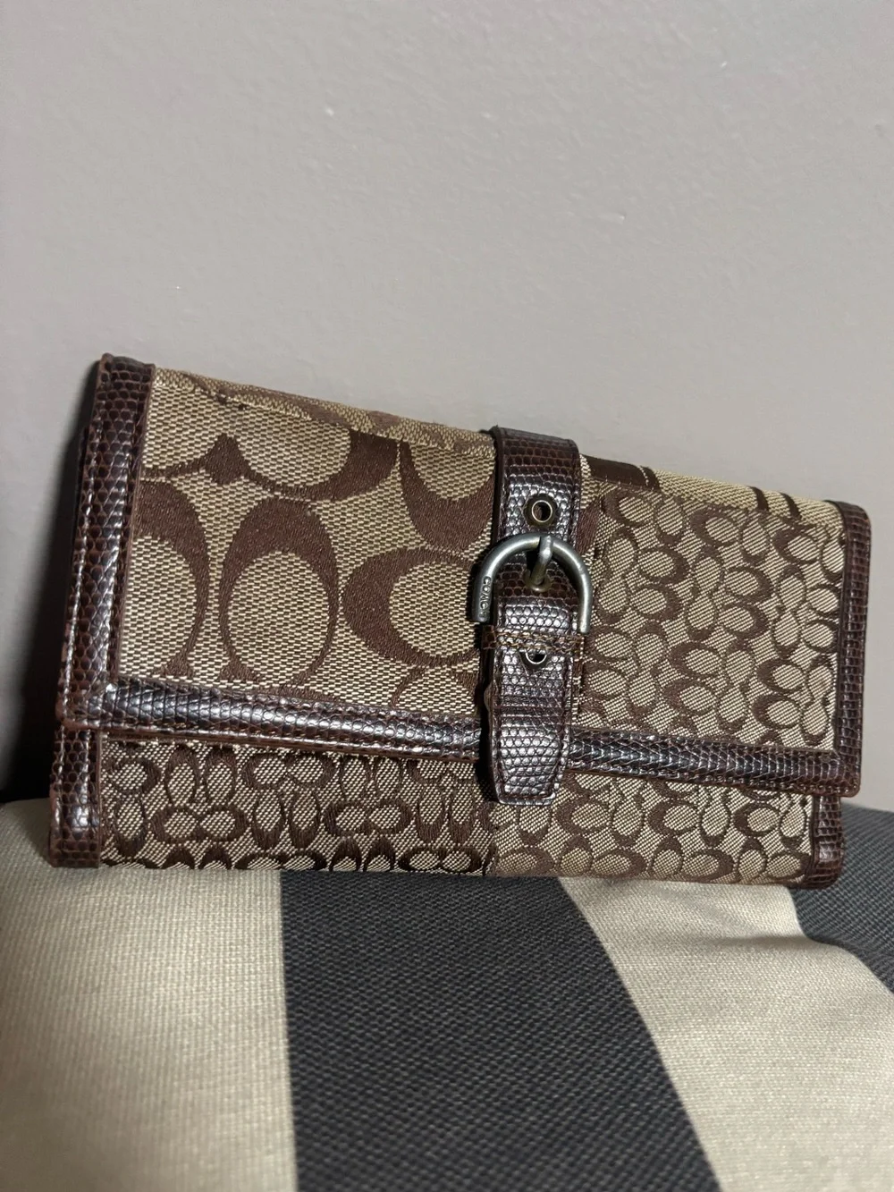 Coach Brown Signature Canvas Wallet with Buckle Detail
